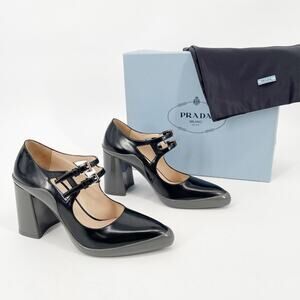 Prada Fall 2015 Runway Black Leather Gray Rubber Mary Jane Block Heel size IT 37